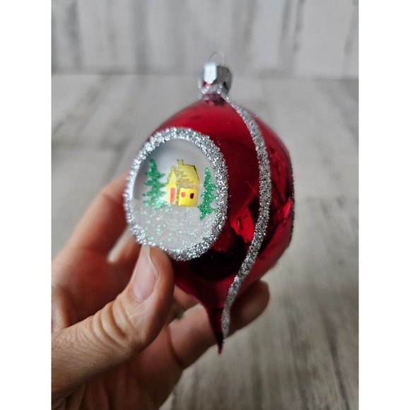 Vintage radko house cabin glitter teardrop red ornament Xmas tree - Picture 3 of 12